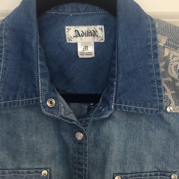 Denim & Lace Button Down Western Shirt - Picture 4 of 12